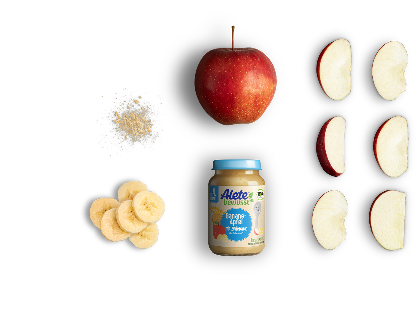 Alete bewusst Zusammensetzung Gläschen Frucht- und Getreidebrei Bio Banane Apfel Zwieback