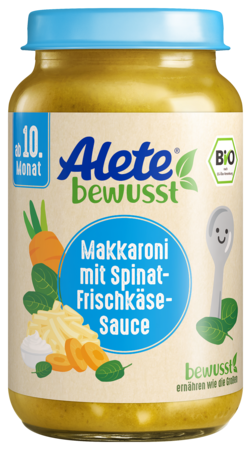 Alete bewusst Gläschen Menü Makkaroni mit Spinat-Frischkaese-Sauce