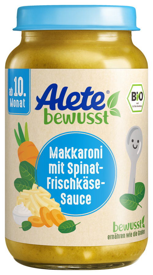 Alete bewusst Gläschen Menü Makkaroni mit Spinat-Frischkaese-Sauce