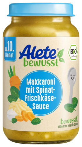 Alete bewusst Gläschen Menü Makkaroni mit Spinat-Frischkaese-Sauce