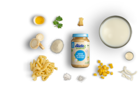 Alete bewusst Zusammensetzung Gläschen Menü Spätzle Gemüse Käse Sauce