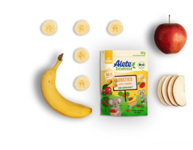 Alete bewusst Zusammensetzung Snacks Obsties Apfel Banane