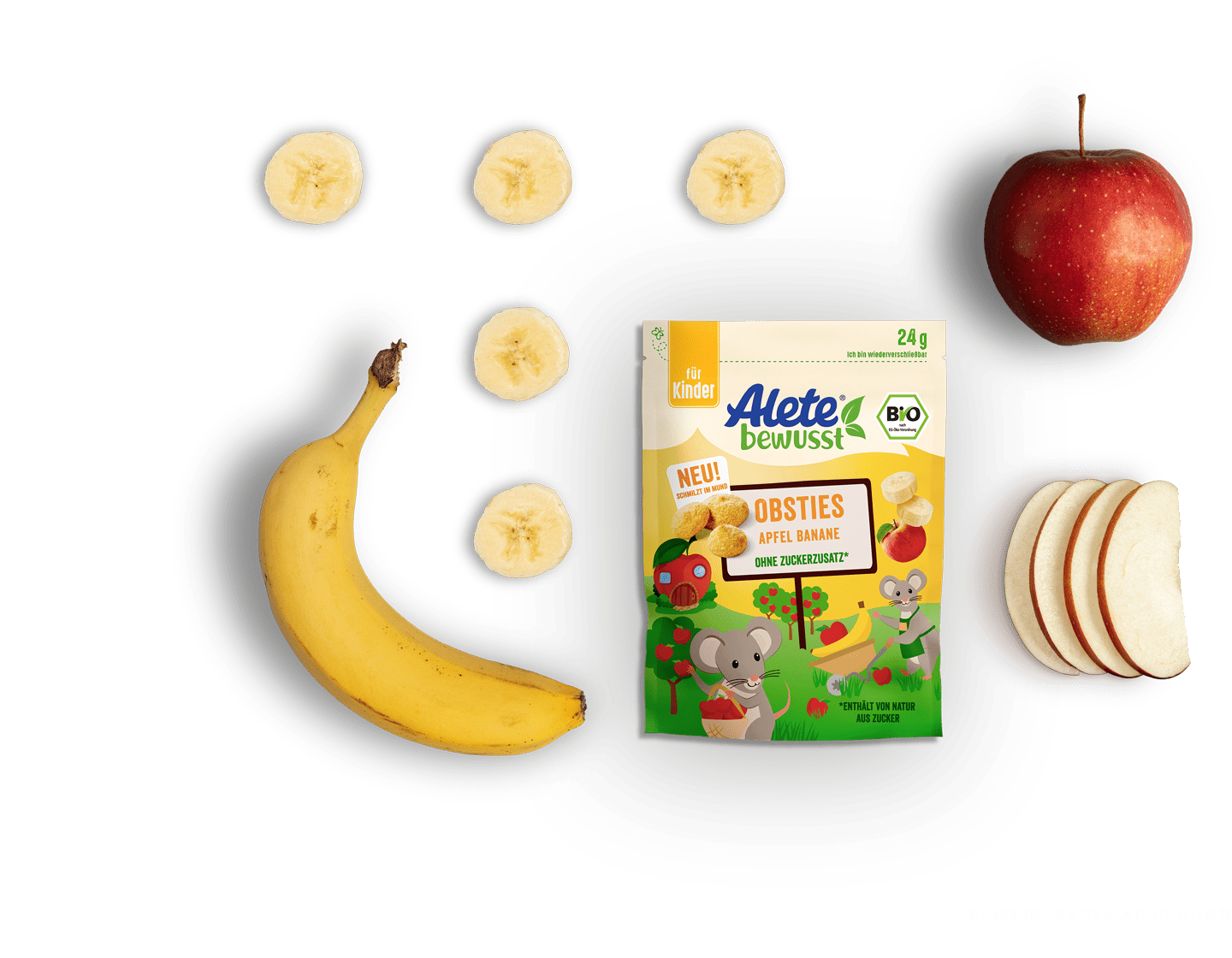 Alete bewusst Zusammensetzung Snacks Obsties Apfel Banane