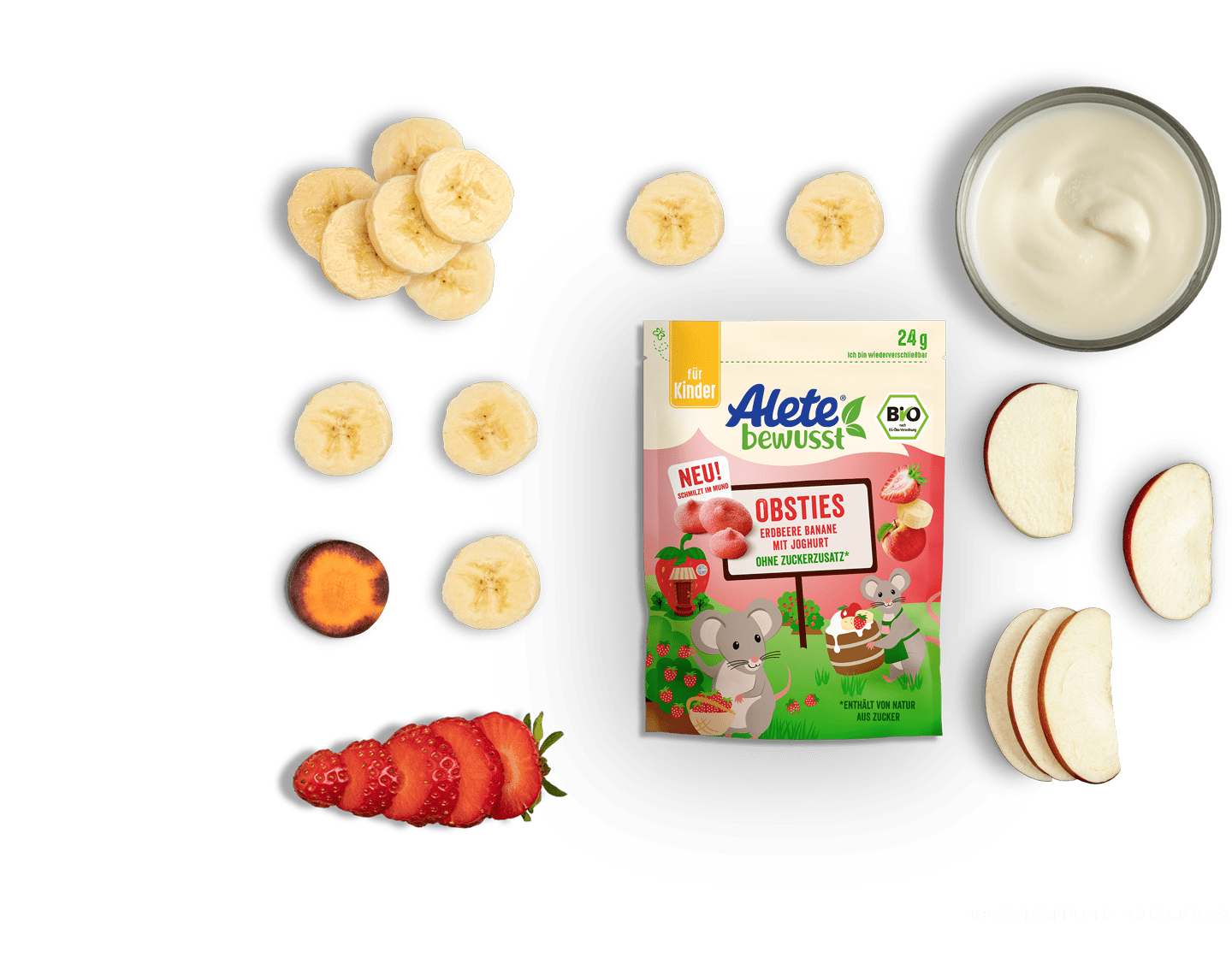 Alete bewusst Zusammensetzung Snacks Obsties Erdbeere Banane mit Joghurt