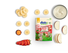 Alete bewusst Zusammensetzung Snacks Obsties Erdbeere Banane mit Joghurt