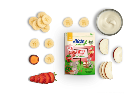 Alete bewusst Zusammensetzung Snacks Obsties Erdbeere Banane mit Joghurt