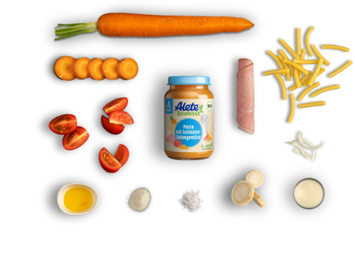 Alete bewusst Zusammensetzung Gläschen Pasta Schinken Rahmgemüse