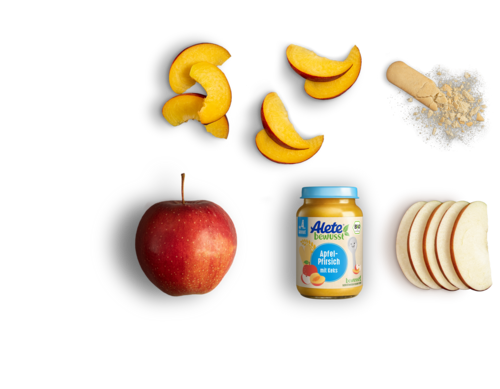 Alete bewusst Zusammensetzung Gläschen Fruch- und Getreidebrei Bio Apfel Pfirsich Keks