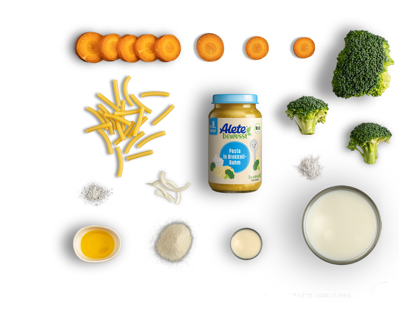 Alete bewusst Zusammensetzung Gläschen Menü Pasta Broccoli Rahm