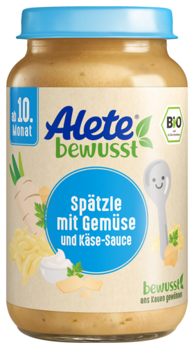 Alete bewusst Gläschen Menü Spaetzle mit Gemuese-Kaesesauce