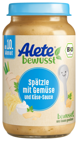 Alete bewusst Gläschen Menü Spaetzle mit Gemuese-Kaesesauce