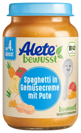 Alete bewusst Gläschen Menü Bio Spaghetti in Gemuesecreme mit Pute