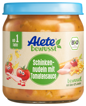 Alete bewusst Gläschen Menü Schinkennudeln mit Tomatensauce