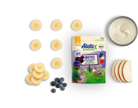 Alete bewusst Zusammensetzung Snacks Obsties Heidelbeere Banane mit Joghurt
