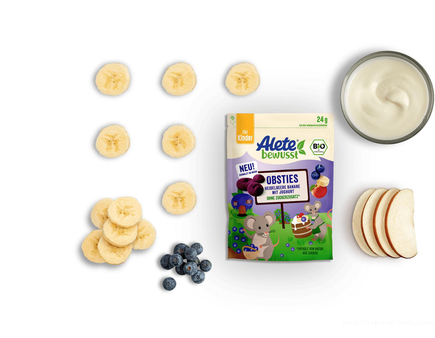 Alete bewusst Zusammensetzung Snacks Obsties Heidelbeere Banane mit Joghurt