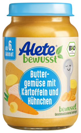 Alete bewusst Gläschen Menü Bio Buttergemuese mit Kartoffeln und Huehnchen