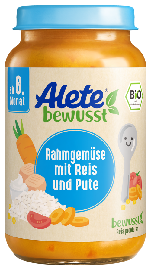Alete bewusst Gläschen Menü Rahmgemuese mit Reis und Pute