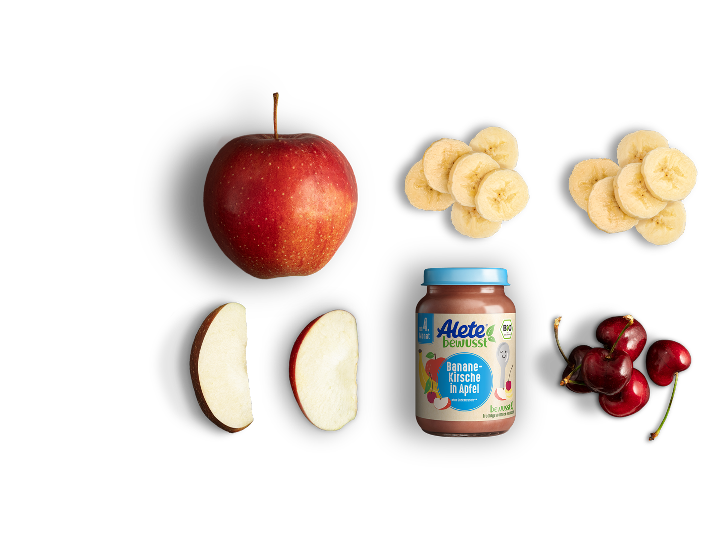 Alete bewusst Zusammensetzung Gläschen Fruchtbrei Bio Banane Kirsche in Apfel