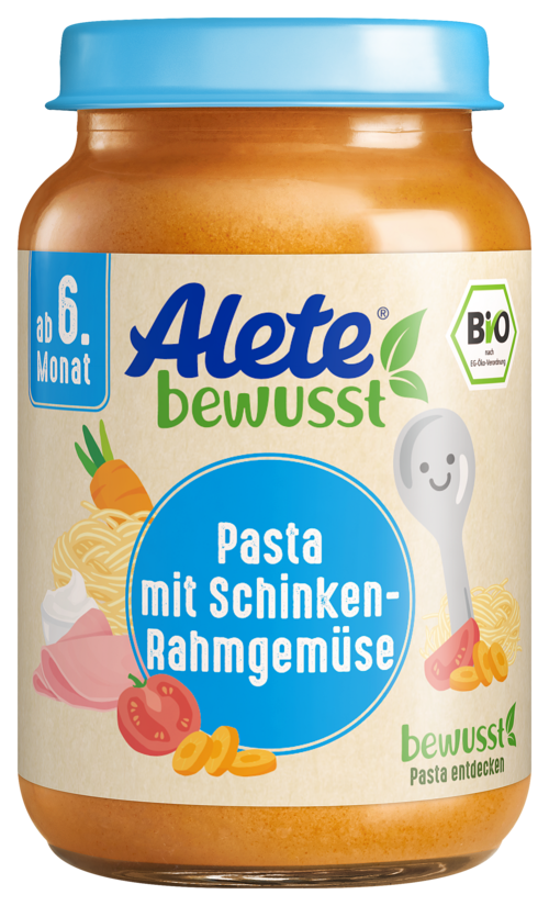 Alete bewusst Gläschen Menü Bio Pasta mit Schinken Rahmgemuese