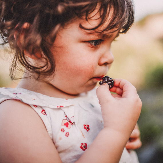 Alete bewusst Mädchen isst eine Brombeere