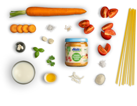 Alete bewusst Zusammensetzung Gläschen Menü Tomate Frischkäse Nudeln