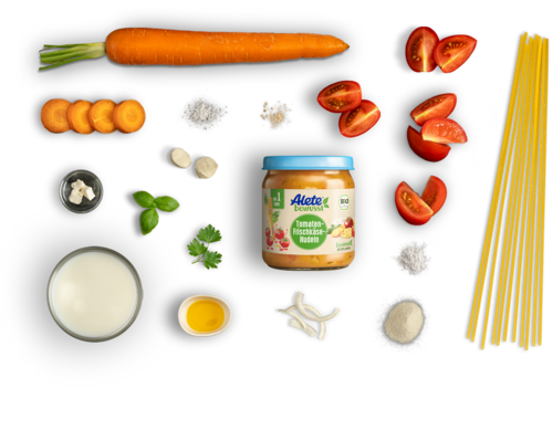 Alete bewusst Zusammensetzung Gläschen Menü Tomate Frischkäse Nudeln