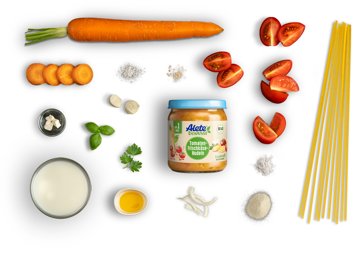 Alete bewusst Zusammensetzung Gläschen Menü Tomate Frischkäse Nudeln